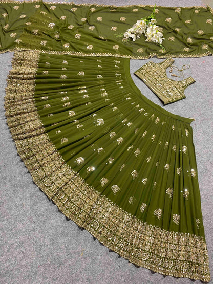 Shafnufab Women's Georgette Semi Stitched Lehenga Choli  In  Mahendi  Colour SF21880