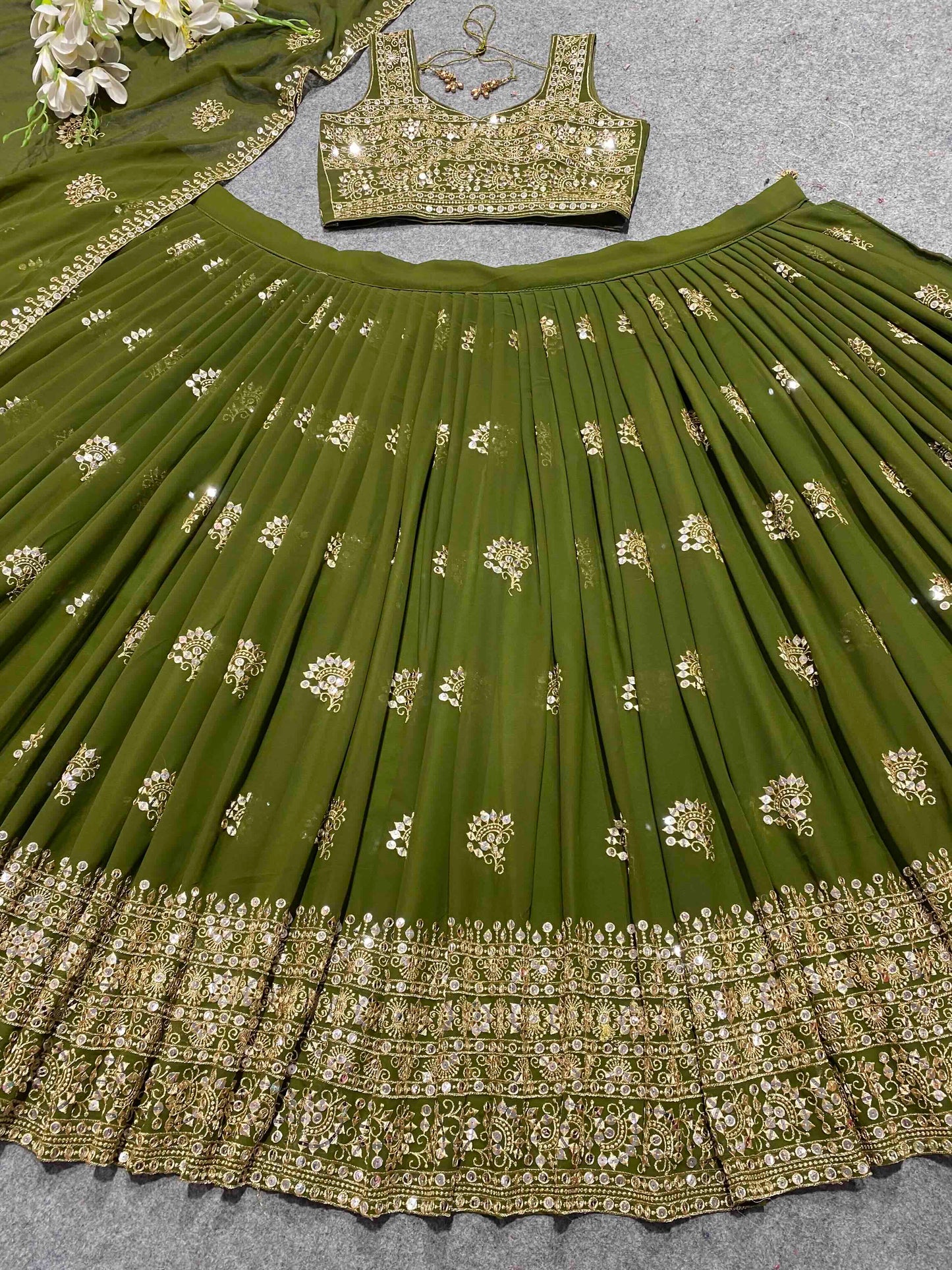 Shafnufab Women's Georgette Semi Stitched Lehenga Choli  In  Mahendi  Colour SF21880