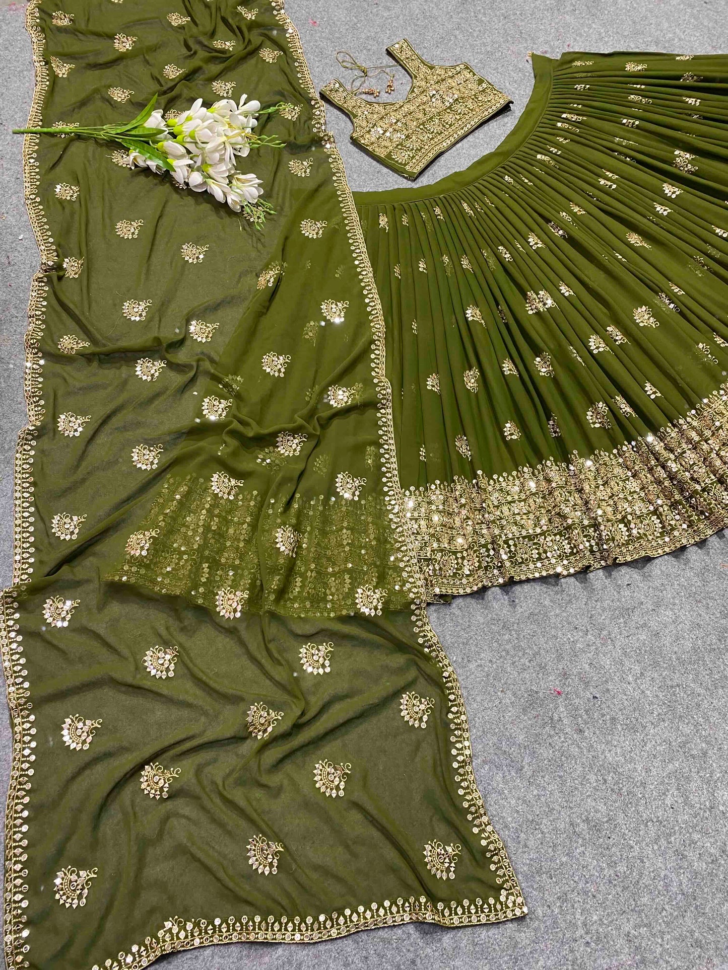 Shafnufab Women's Georgette Semi Stitched Lehenga Choli  In  Mahendi  Colour SF21880