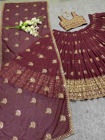 Shafnufab Women's Georgette Semi Stitched Lehenga Choli  In  Maroon  Colour SF21881