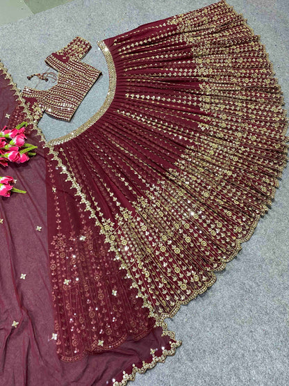 Shafnufab Women's Georgette Semi Stitched Lehenga Choli  In  Maroon  Colour SF21882