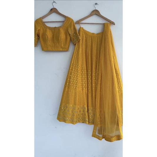 Shafnufab Women's Georgette Semi Stitched Lehenga Choli  In  Yellow  Colour SF21885