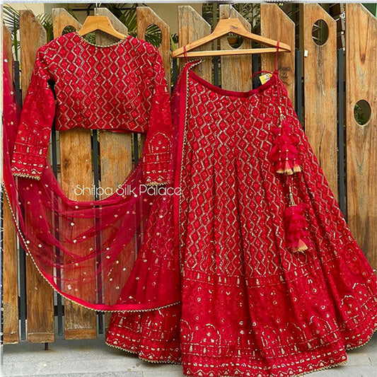 Shafnufab Women's Georgette Semi Stitched Lehenga Choli  In  Red  Colour SF21888