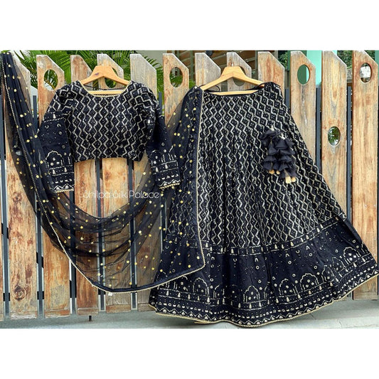 Shafnufab Women's Georgette Semi Stitched Lehenga Choli  In  Black  Colour SF21889