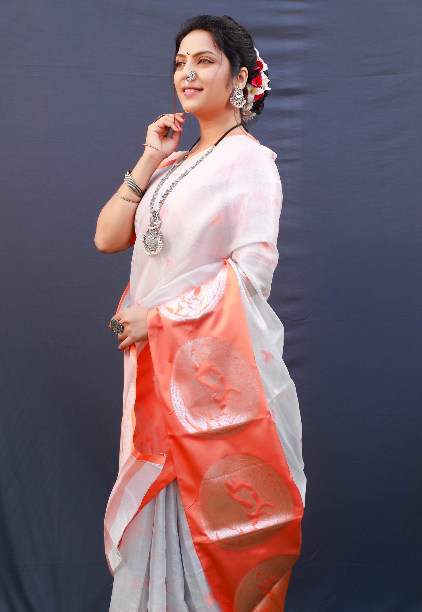 Shafnufab Women's Tissue Silk Saree With Blouse  In  Orange