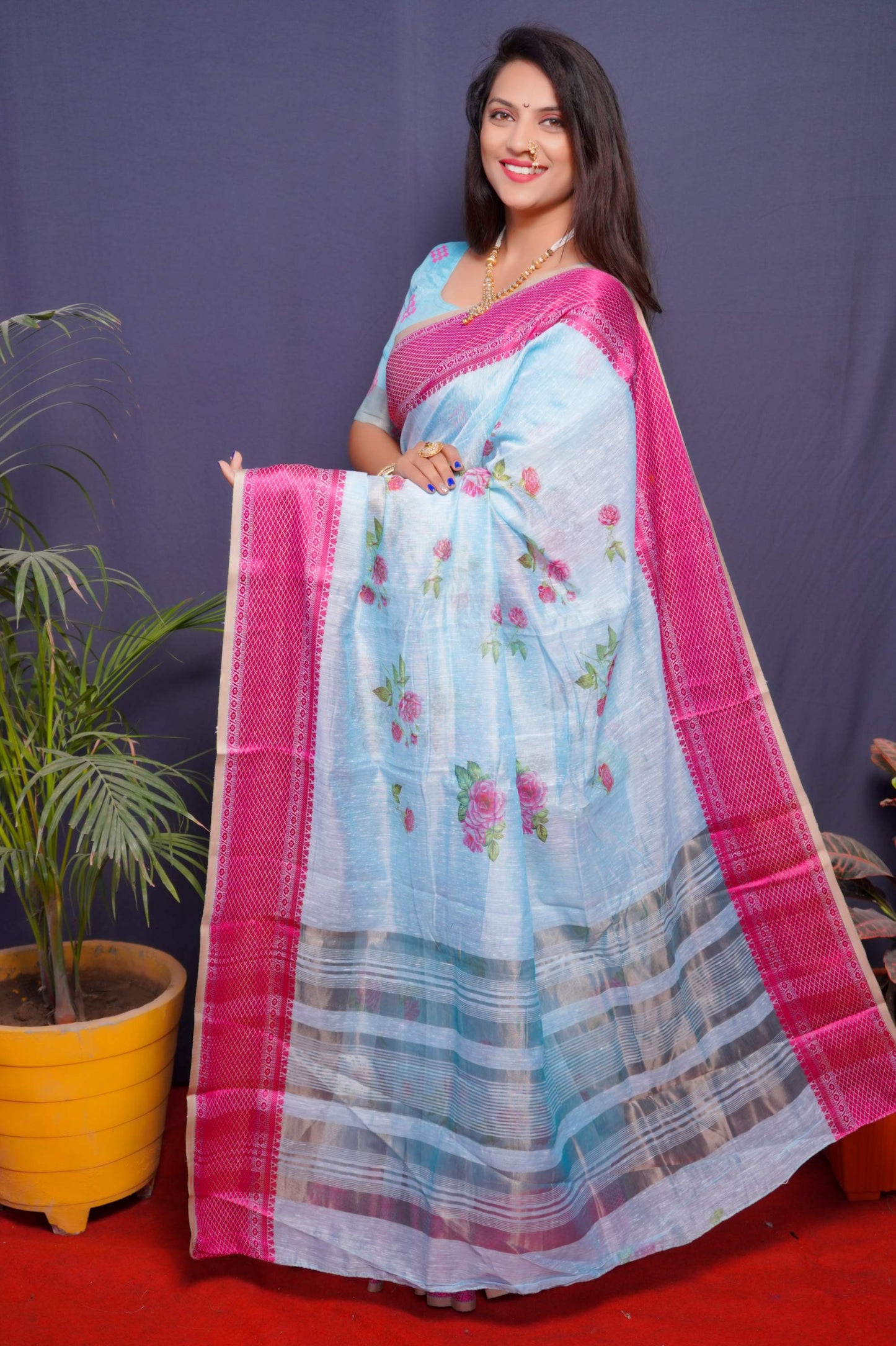 Shafnufab Women's Banarasi Silk Saree With Blouse  In  Light Blue