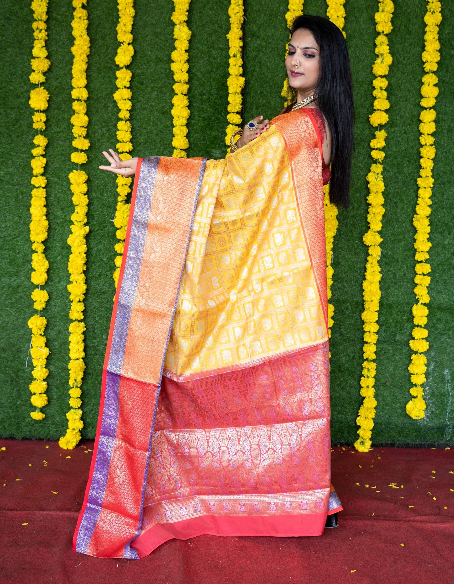 Shafnufab Women's Linene Silk Saree With Blouse  In  Yellow