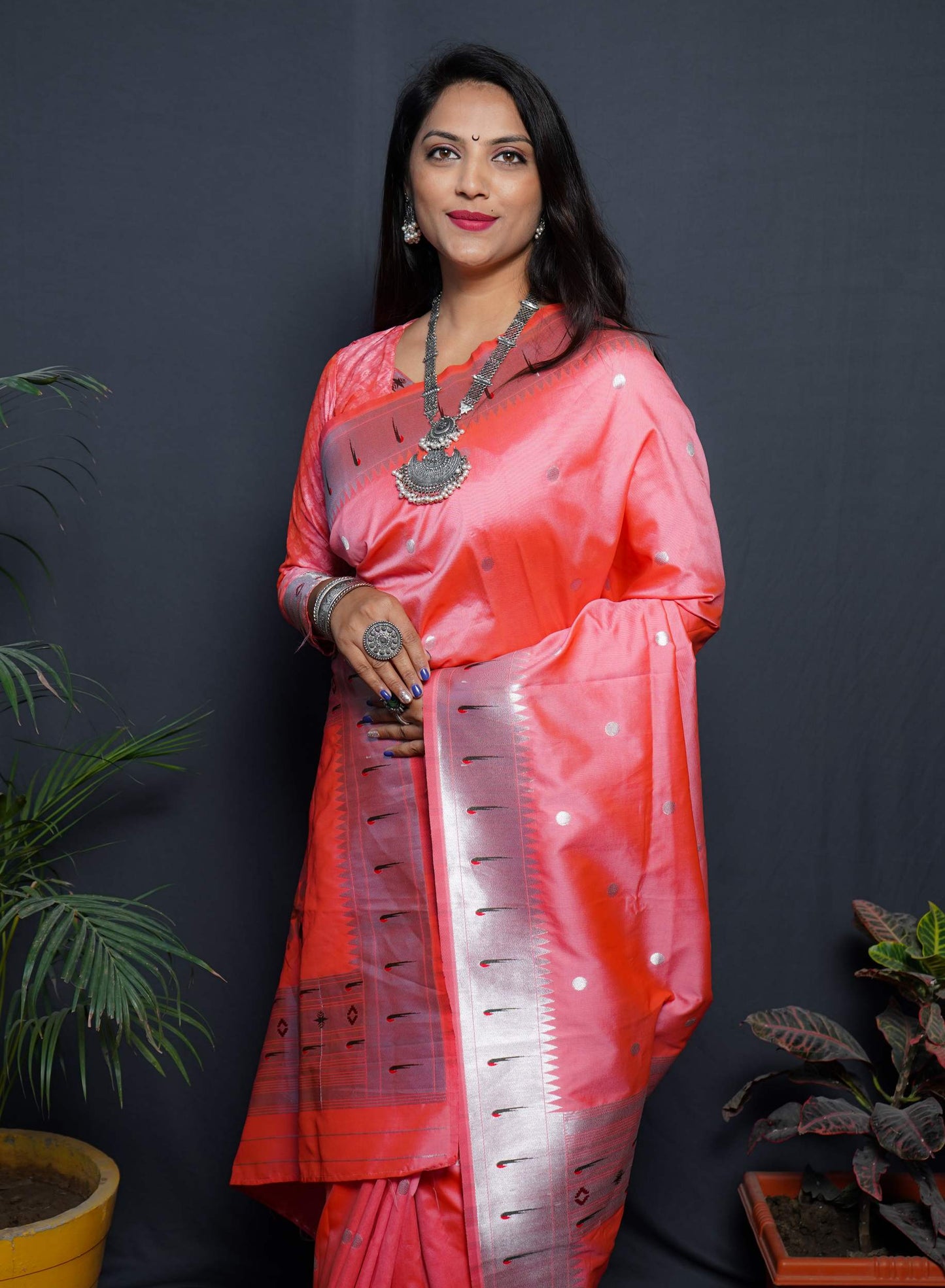 Shafnufab Women's Paithani Silk Saree With Blouse  In  Orange