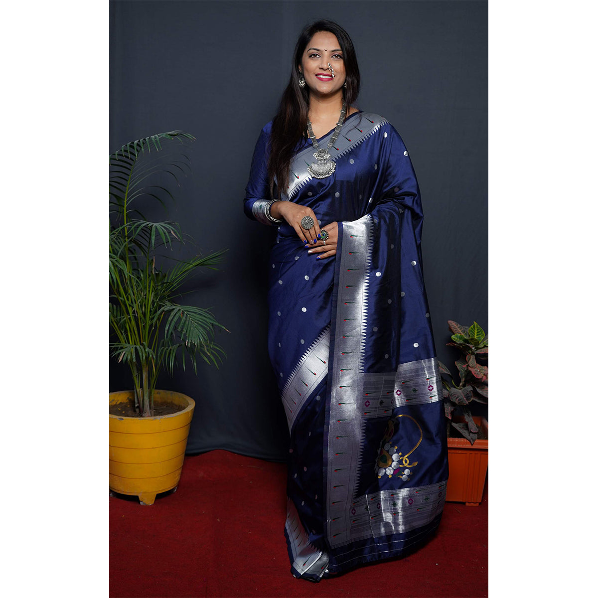 Shafnufab Women's Paithani Silk Saree With Blouse  In  Dark Blue