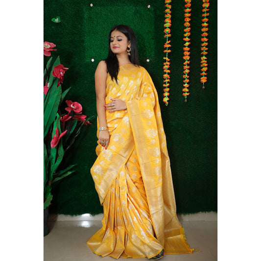 Shafnufab Women's Banarasi Silk Saree With Blouse  In  Yellow