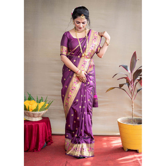 Shafnufab Women's Paithani Silk Saree With Blouse  In  Purple