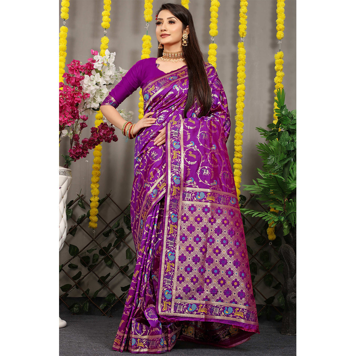 Shafnufab Women's Banarasi Silk Saree With Blouse  In  Purple