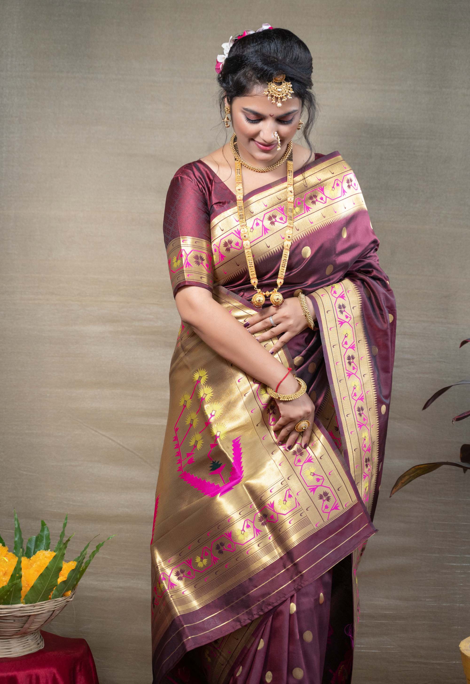 Skinny Brown Paithani Silk Saree With Ethnic Blouse Piece – LajreeDesigner