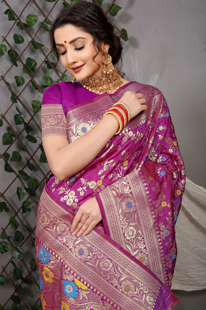 Shafnufab Women's Banarasi Silk Saree With Blouse  In  Purple