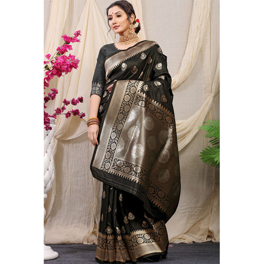 Shafnufab Women's Banarasi Silk Saree With Blouse  In  Black