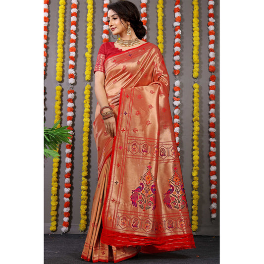 Shafnufab Women's Paithani Silk Saree With Blouse  In  Red