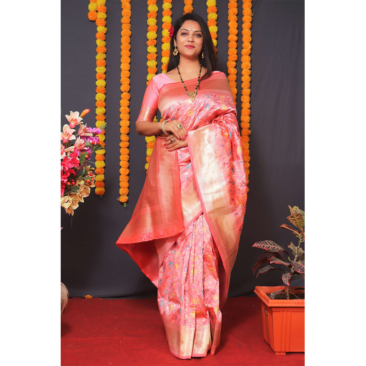 Shafnufab Women's Banarasi Silk Saree With Blouse  In  Pink