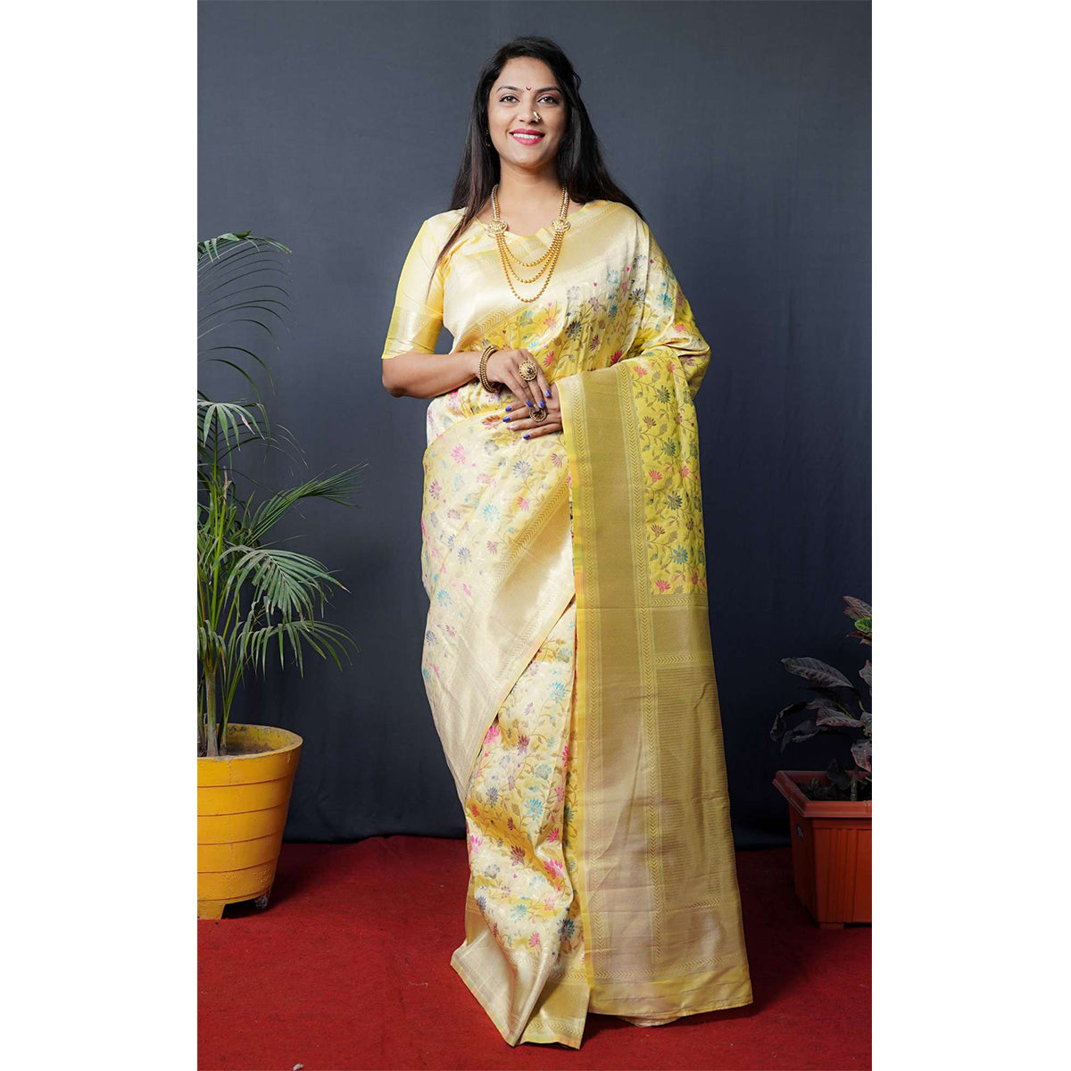 Shafnufab Women's Banarasi Silk Saree With Blouse  In  Yellow