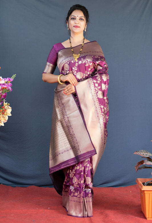 Shafnufab Women's Banarasi Silk Saree With Blouse  In  Purple