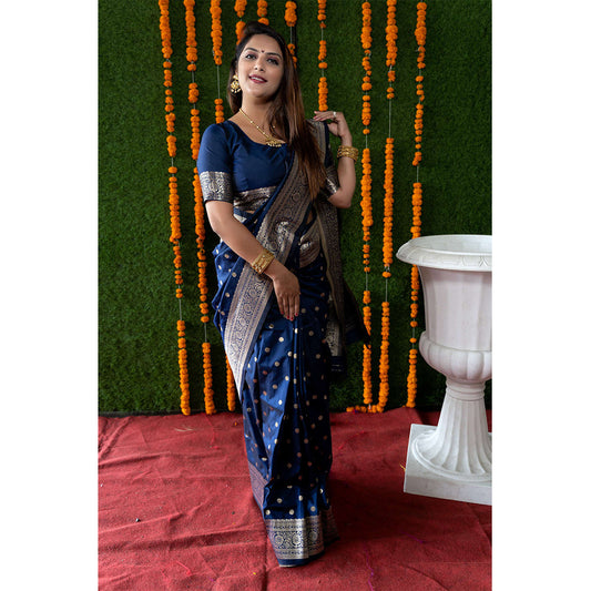 Shafnufab Women's Banarasi Silk Saree With Blouse  In  Blue