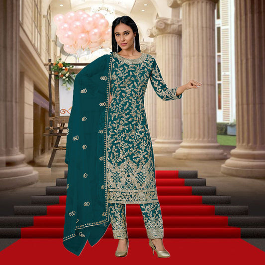 Shafnufab Butterfly Net Embroidery Pant Style Suit In Turquoise Colour