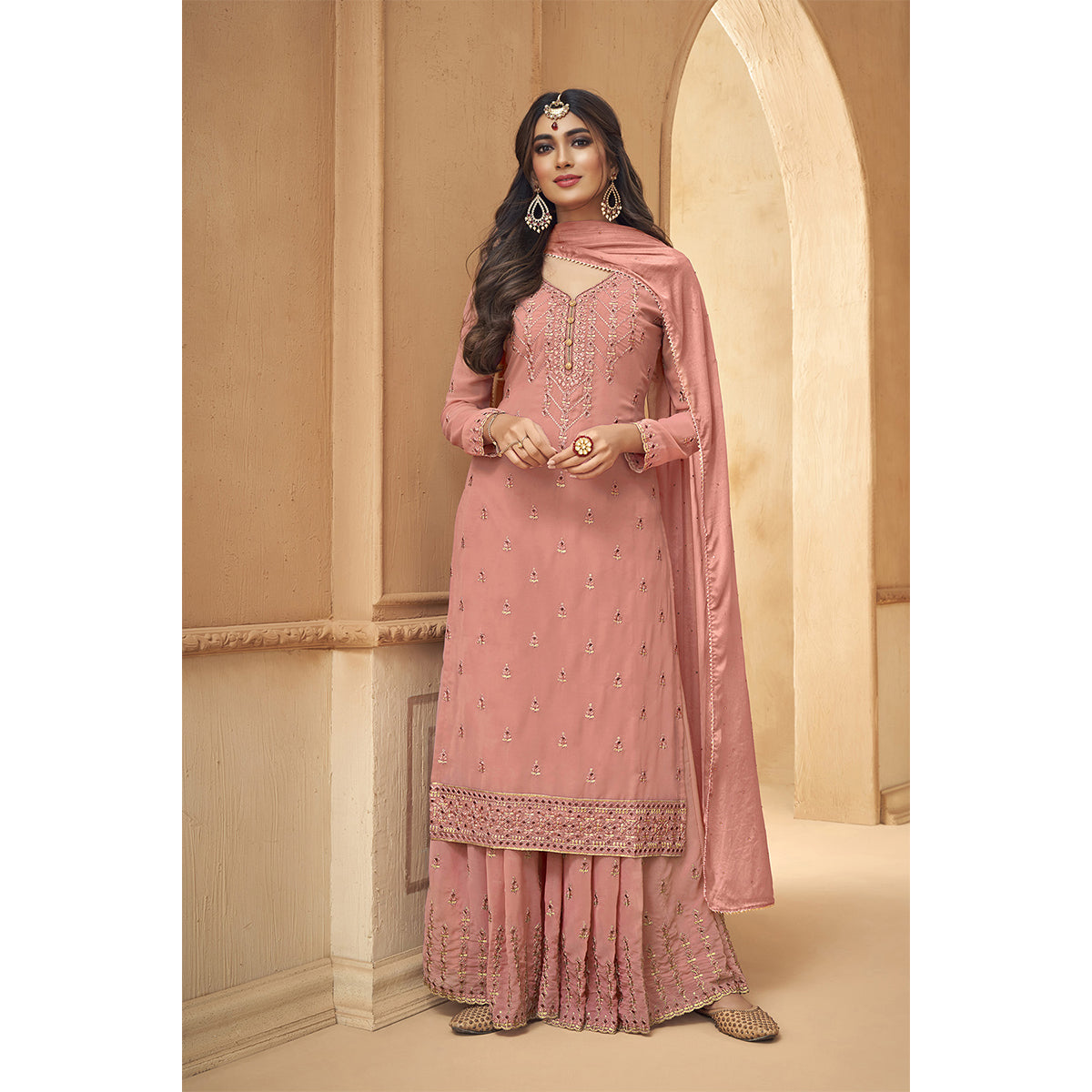 Shafnufab Peach Faux Georgette Embroidered Plazzo  Suit