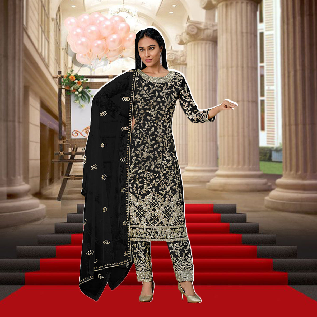 Shafnufab Butterfly Net Embroidery Pant Style Suit In Black Colour
