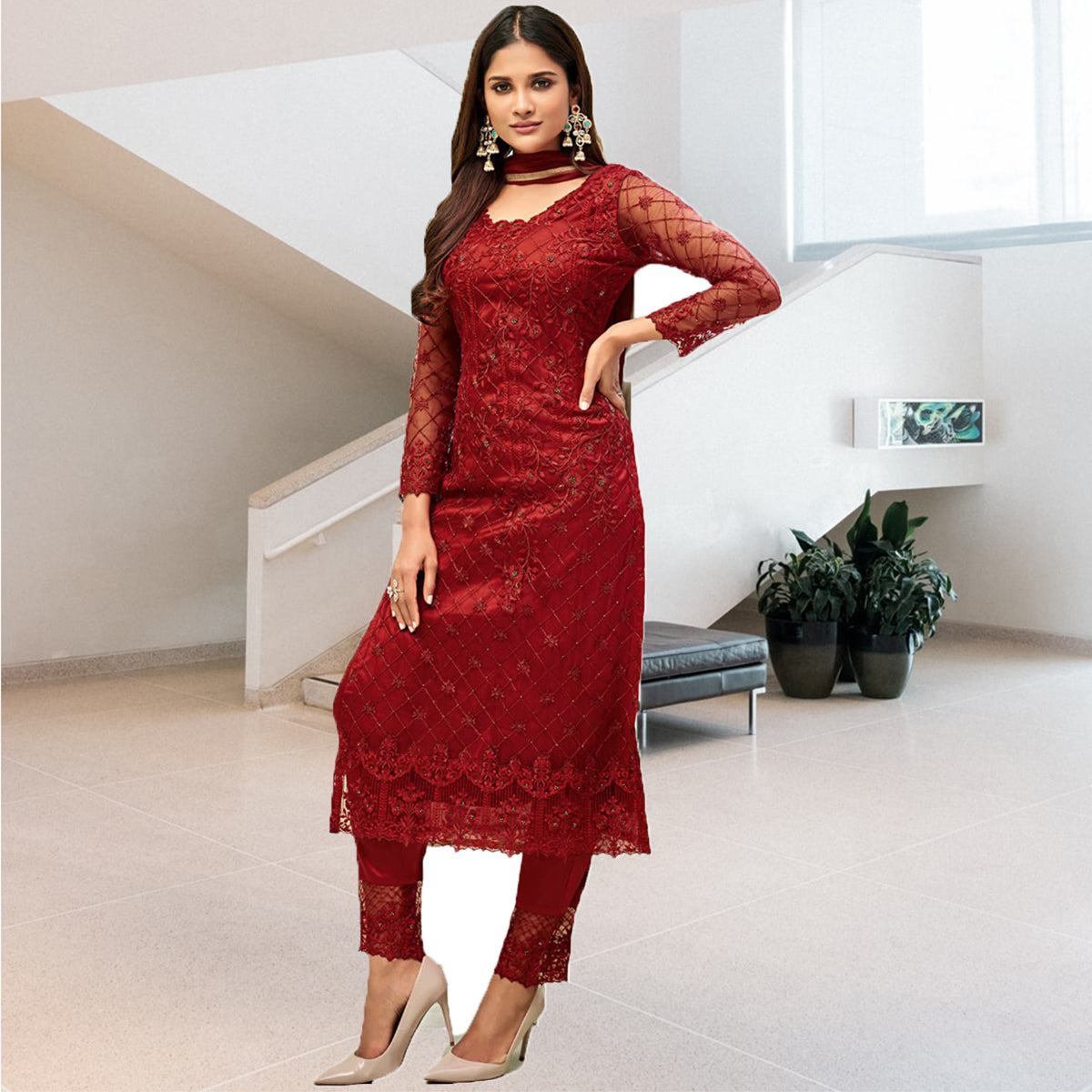 Shafnufab Embroidered Net Pakistani Suit in Red