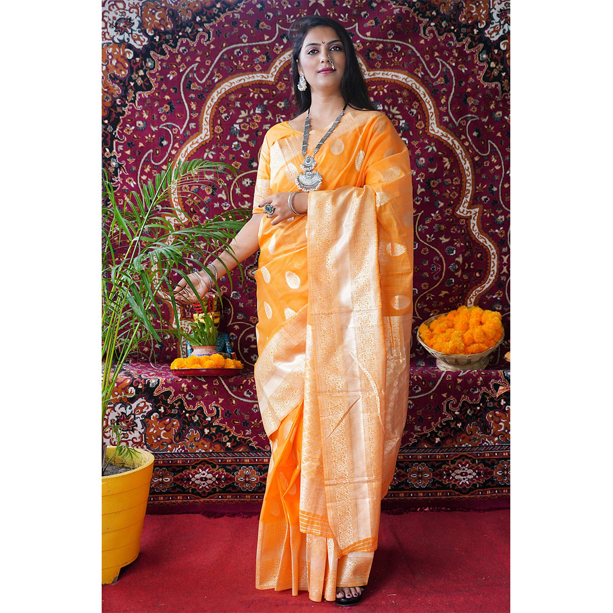 Shafnufab® Women's Tissue Silk Saree With Blouse  In  Yellow