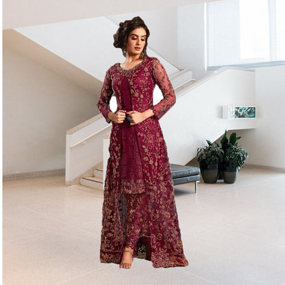 Shafnufab Pink heavy net with embroidered work salwar suit with koti