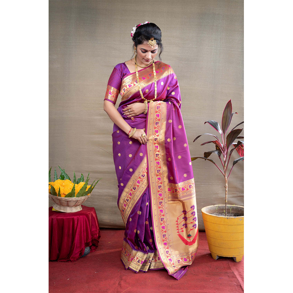 Shafnufab® Women's Paithani Silk Saree With Blouse  In  Magenta