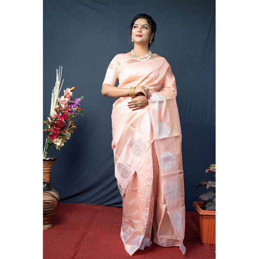 Shafnufab® Women's Paithani Silk Saree With Blouse  In  Orange