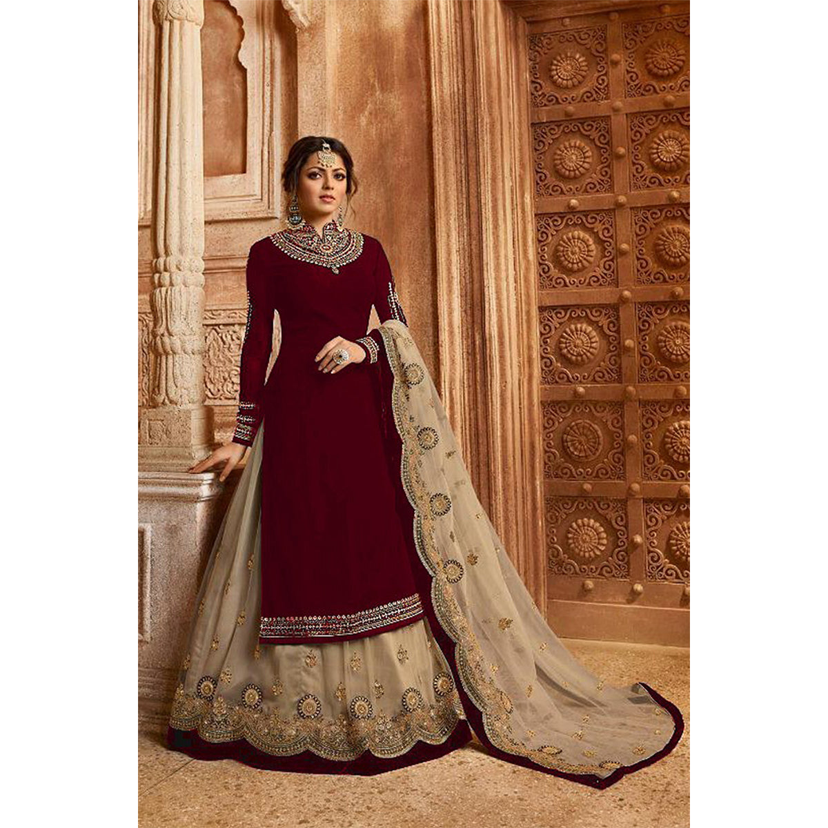 Shafnufab Embroidered Georgette Lehenga in Maroon