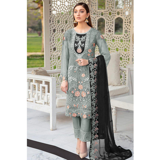 Shafnufab Pakistani Georgette Embroidery Work Grey Designer Suit