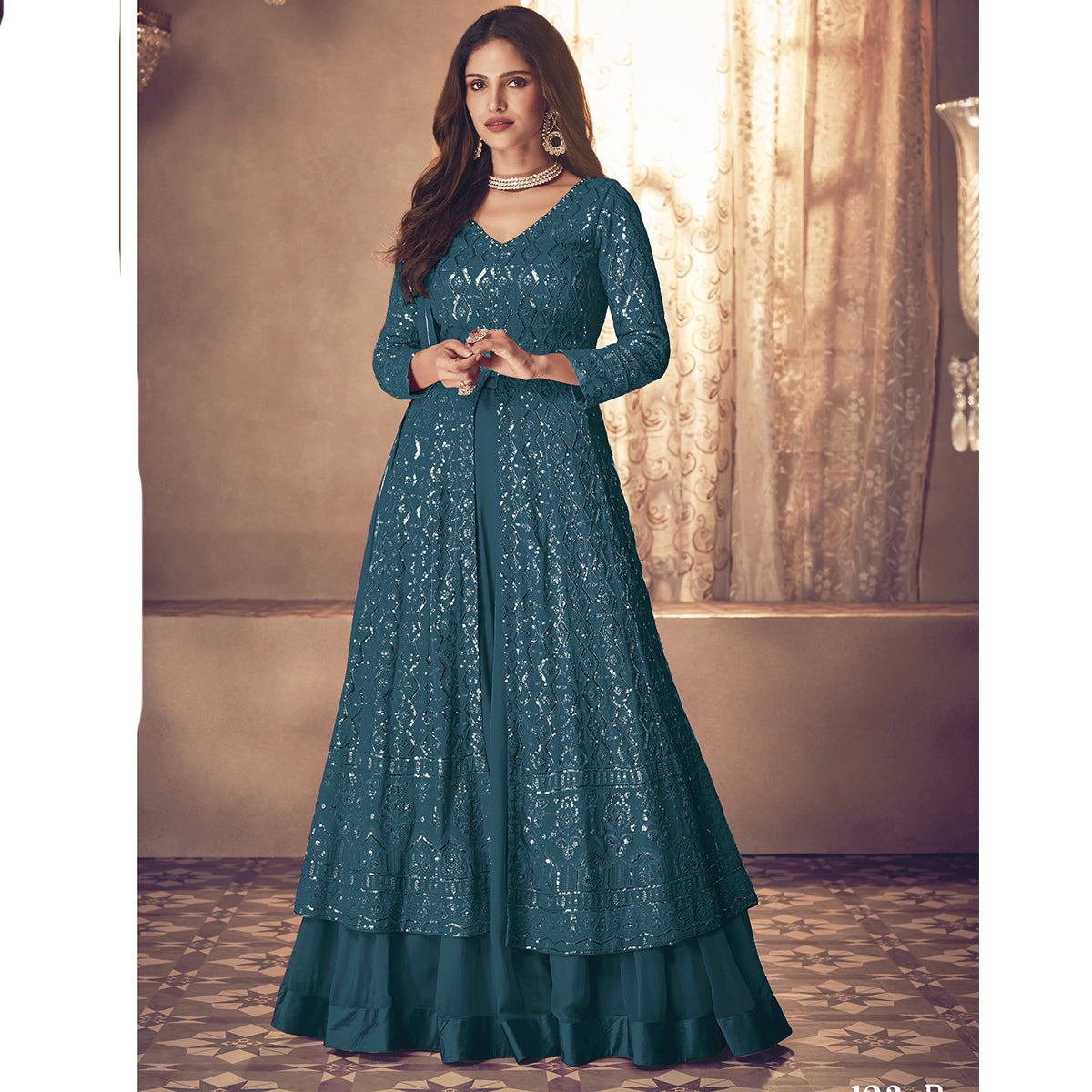 Shafnufab Georgette Fabric Turquoise Color Sangeet Wear Sharara Top Lehenga