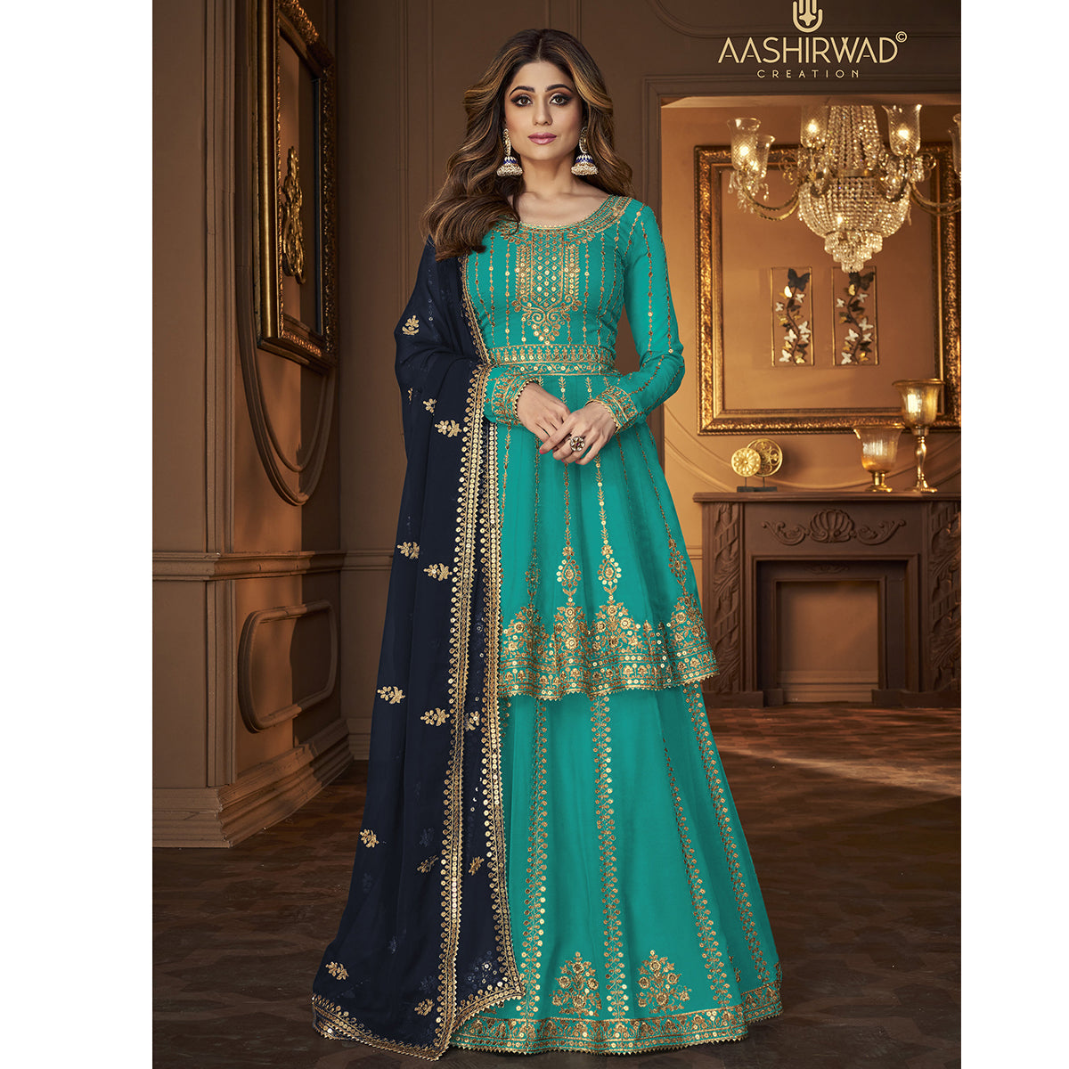Shafnufab Turquoise Indian Pakistani rich look georgette salwar kameez suit