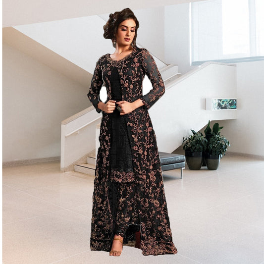 Shafnufab Black heavy net with embroidered work salwar suit with koti