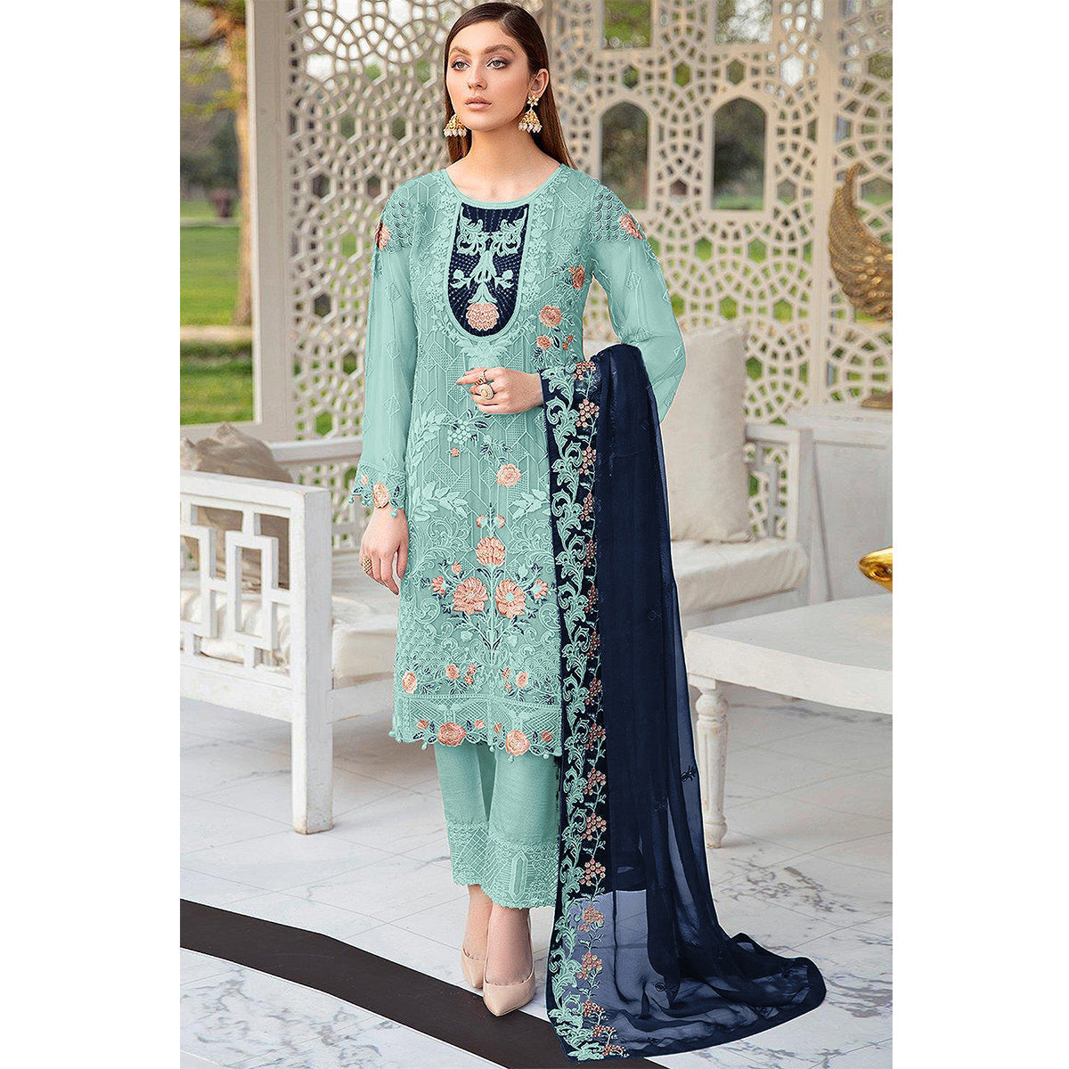 Shafnufab Pakistani Georgette Embroidery Work Sky Blue Designer Suit