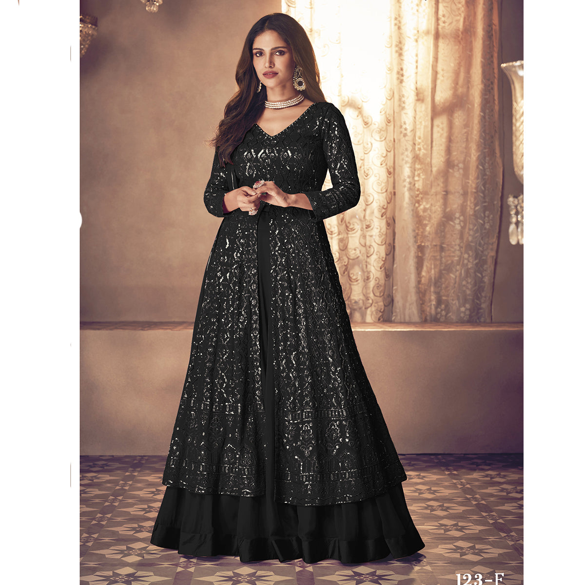 Shafnufab Georgette Fabric Black Color Sangeet Wear Sharara Top Lehenga