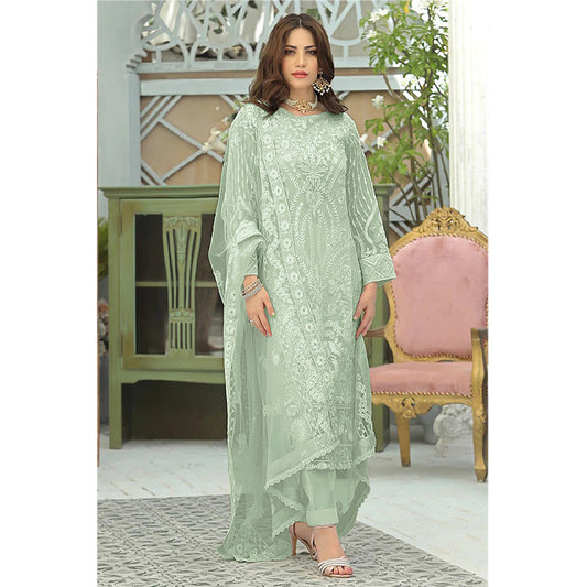 Shafnufab Women's Georgette Semi-Stitched Pakistani Suit In Green Colour