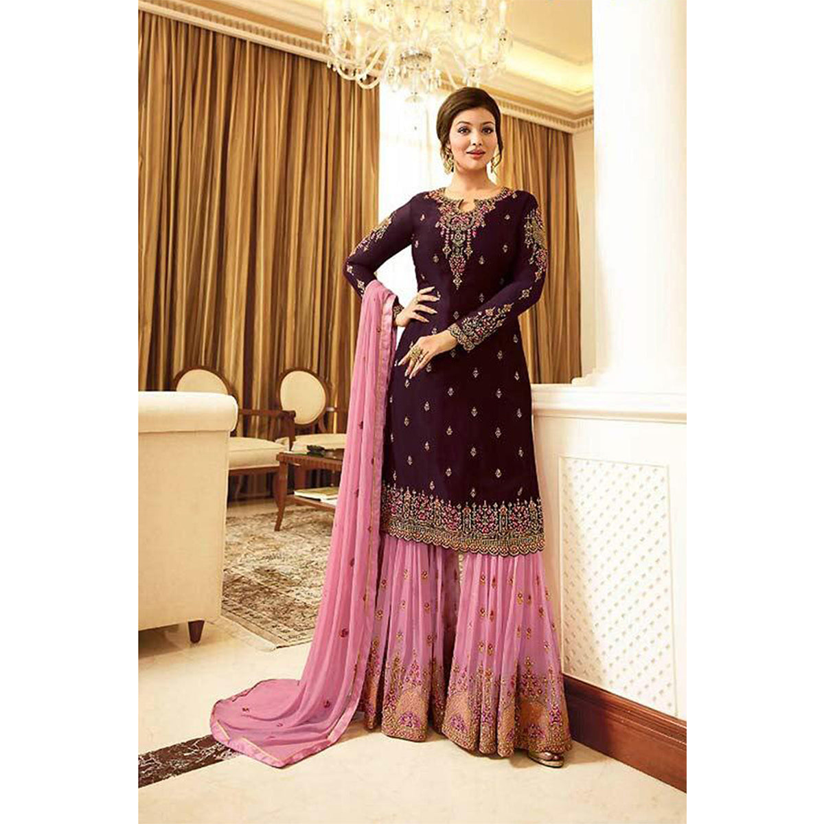 Shafnufab Purpal EMBROIDERED GEORGETTE SEMI STITCHED  Palazzo Suit