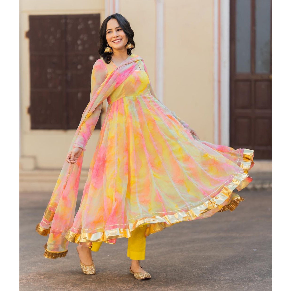 Shafnufab® Women's Tabby silk orgnza  Anarkali Gown  In  Yellow  Colour