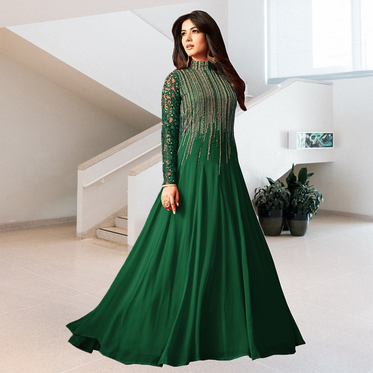 Shafnufab Green Embroidered Semi-Stitched Anarkali Suit