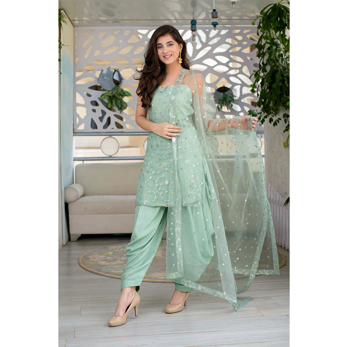 Shafnufab Light Green  With Embroidery Work UnStitched Salwar Suit