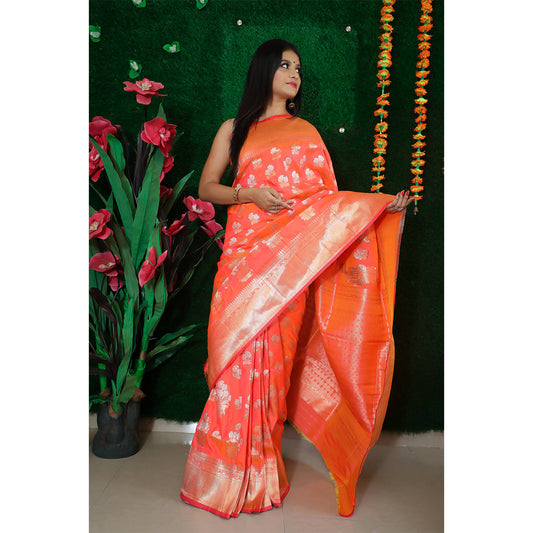 Shafnufab Women's Banarasi Silk Saree With Blouse  In  Orange
