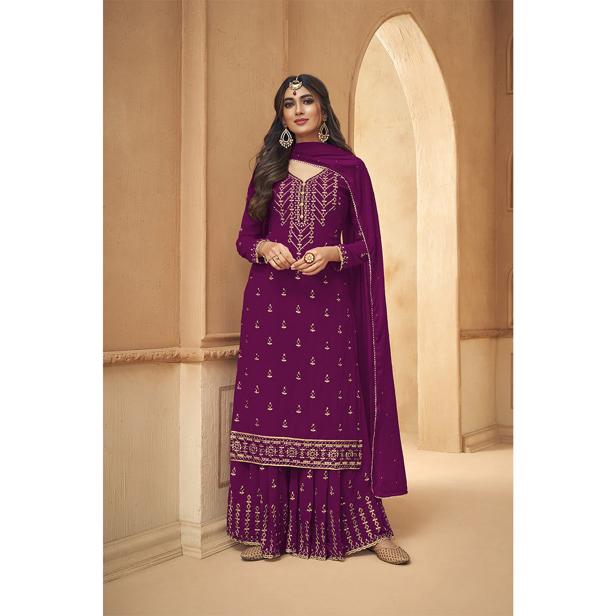 Shafnufab  Purpal Faux Georgette Embroidered Plazzo  Suit